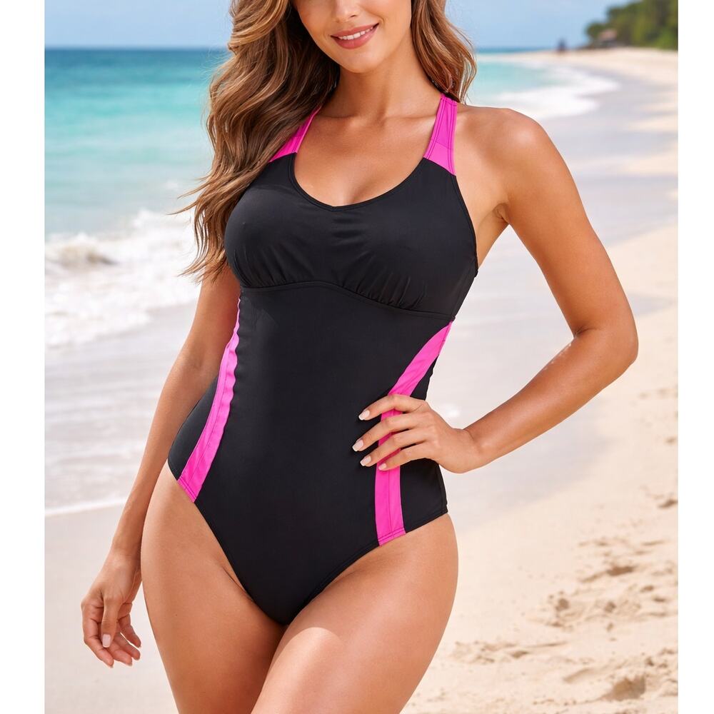 Lands' End Striped One Piece Swimsuit Black Pink Plus Size 24W